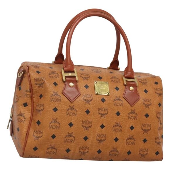 MCM Logogram Vicetos Boston Bag PVC Leather Brown Gold Auth 124167 - Picture 1 of 16